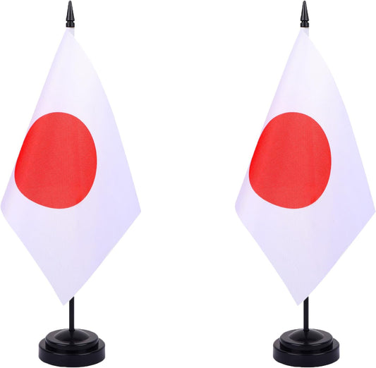 Japan Desk Flag 12" Solid Pole Deluxe Set Japanese Flags Banner Mini Small Japan Office Table Flags with Black Stand Base Desktop Decorations(2Pack)