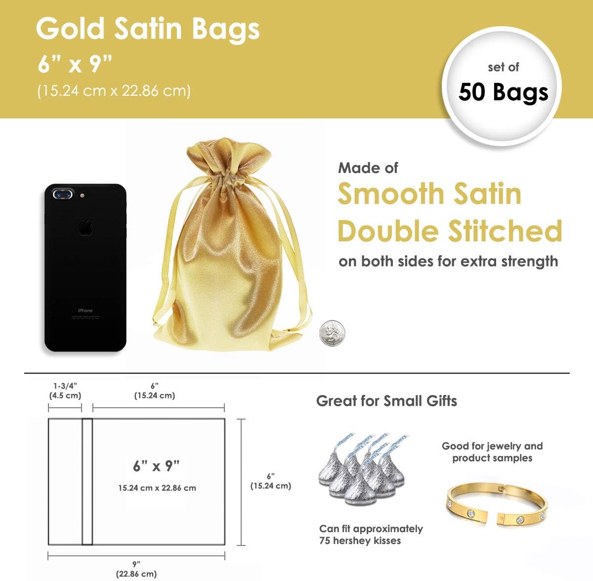 6" x 9" Gold Satin Gift Bags, Jewelry Bags, Wedding Favor Drawstring Baby Shower Christmas 50 per Pack
