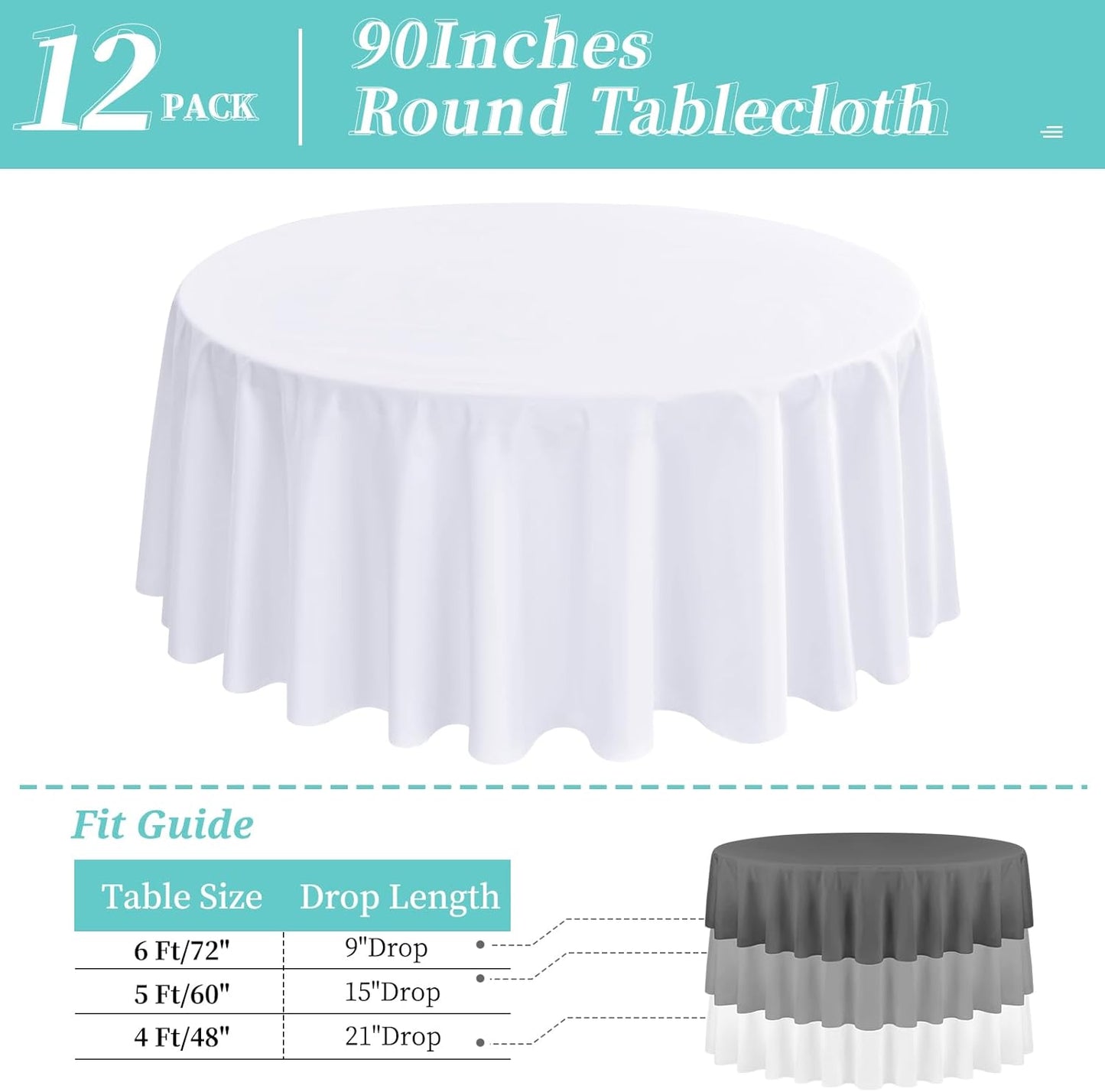12 Pack Round Tablecloth 90 Inch - White Polyester Tablecloth for Round Table, Premium Stain and Wrinkle Resistant Washable Fabric Table Cover for Wedding Party Banquet Restaurant Reception