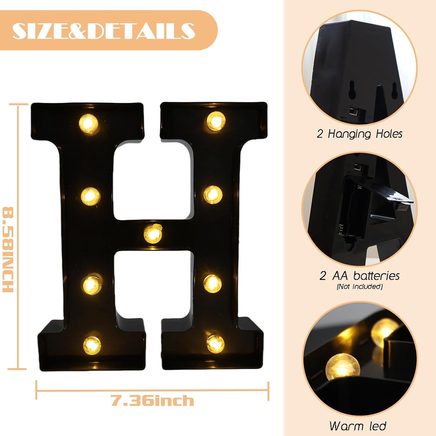 Led Marquee Letters, 8.58 Inch Black Light Up Letters, Small Led Letter Lights, Battery Powered Lighted Letterfor Table, Party, Birthday, Christmas Decor (Black, Letter H)