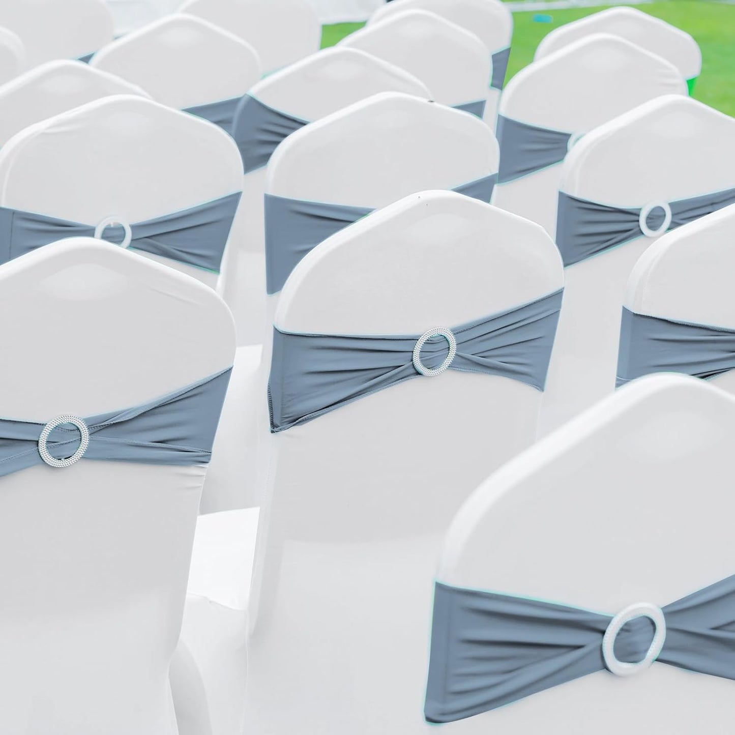 CHENGU 150 Pieces Spandex Stretch Chair Sashes Bows Elastic Chair Cover Bands Ties with Buckle Slider for Wedding Party Reception Events Universal Ceremony Banquet Decorations(Dusty Blue)