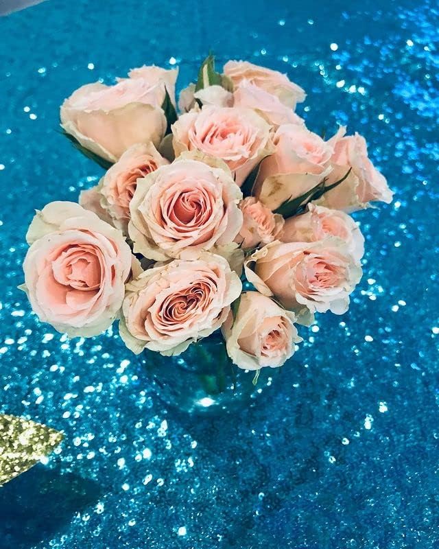 QueenDream Aqua Blue Tablecloth 90 x 132 Inch Sequin Tablecloth for Party Decorations Glitter Tablecloth for Bridal Baby Shower Wedding