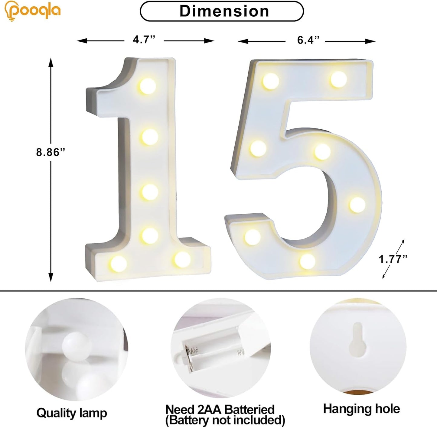 Pooqla 15th Birthday Decoration for Girls Boys, Decorative LED Light Up Numbers, Marquee Numbers 15 Sign for Party Backdrop 15th Wedding Anniversary Decor, Warm White and Cool White Number 15