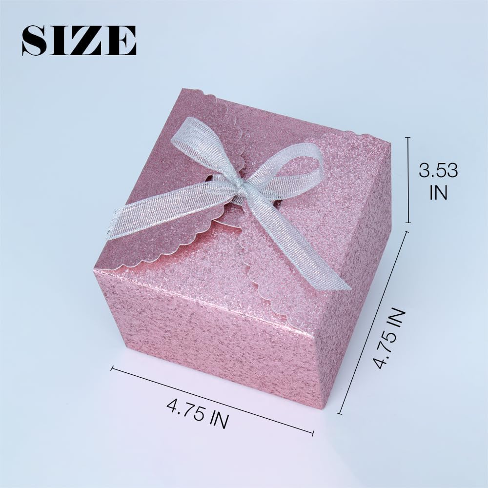 WEWILUCK Pink Glitter Gift Boxes – Foldable Paper Boxes with Ribbon-Tied Lids, Set of 10, Sparkly Present Boxes for Weddings, Bridesmaids, Birthdays, Baby Showers, Party(4.75x4.75x3.53)