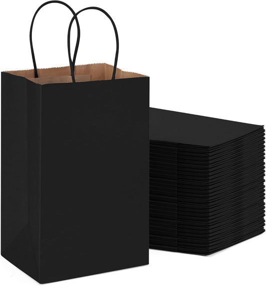 METRONIC Kraft Paper Gift Bags with Handles 5.25x3.75x8 Inch 1000 Pcs | Christmas, Birthday Party Favors, Retail Shopping, Small Business Bulk | Black Gift Wrap Bag