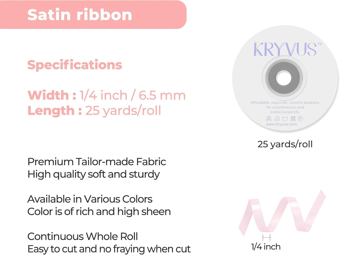 Baby Pink Satin Ribbon 1/4 inch X Continuous 25 Yards, Single Face Polyester Ribbon Perfect for Gift Wrapping, Flower Bouquet, Wedding Decor, Crafts, Bow Making, Sewing and More