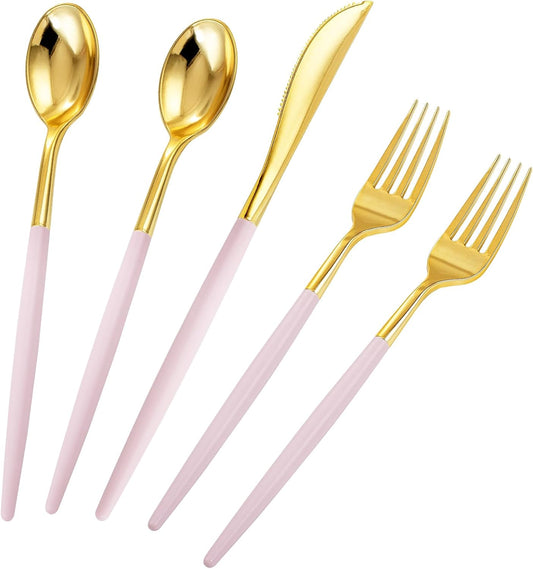 Rubtlamp 90Pcs Gold Plastic Silverware, Gold Plastic Utensils With Pink Handles Include 30 Plastic Gold Knives, 60 Plastic Forks and Spoons, Pink Plastic Silverware Heavy Duty For Party