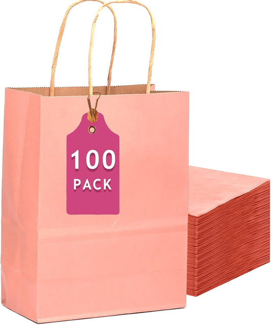 qiqee 100PCS Gift Bag with Handles Bulk Kraft Bright Pink Paper Bags Multiple Uses (13"x10.3"x4.6"- Large Size)