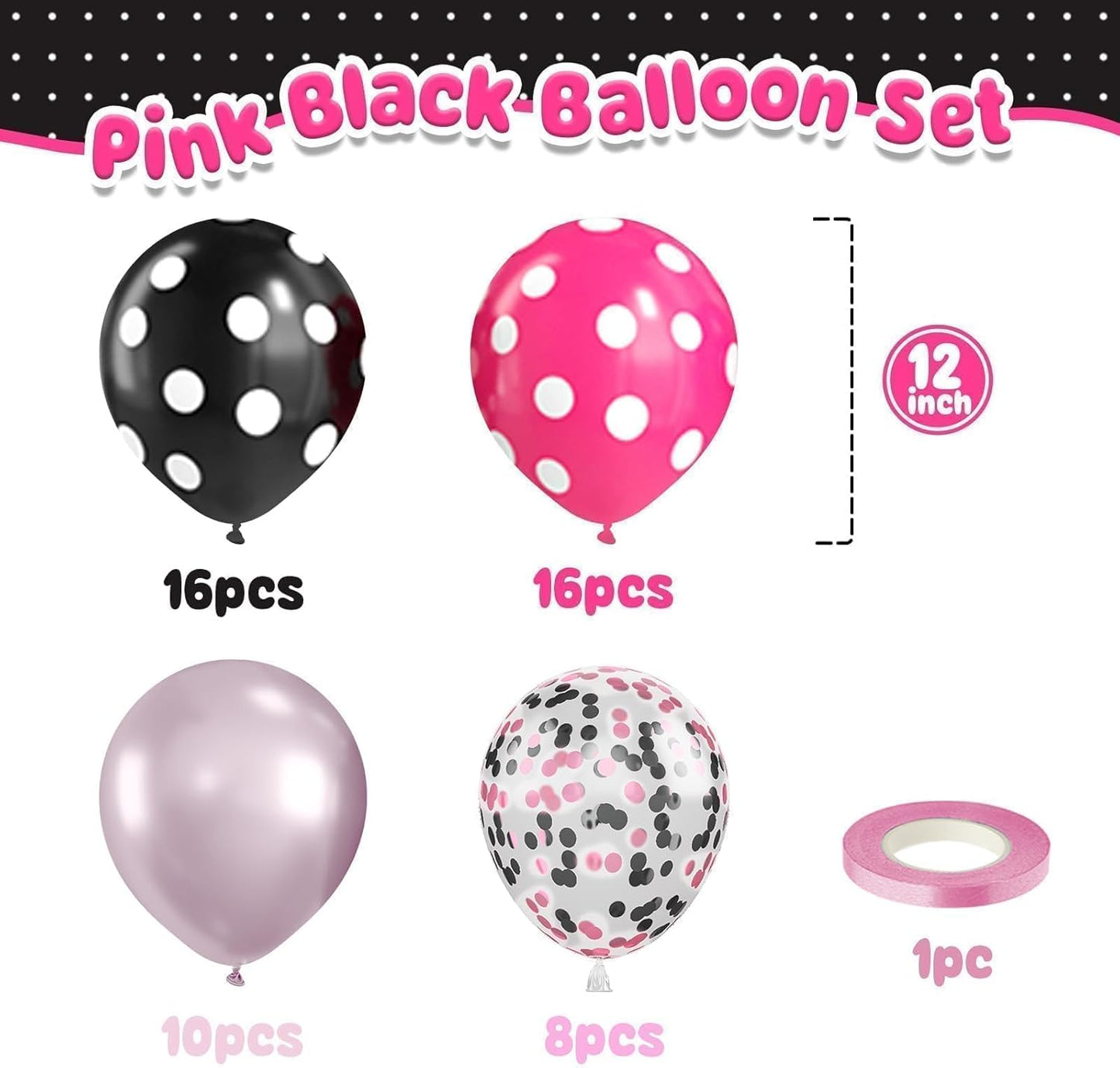 Pink and Black Balloons,50Pcs 12 Inch Hot Pink White Black Dots Metallic Pink Latex Balloons,for Girls Women Wedding Birthday Party Supplies