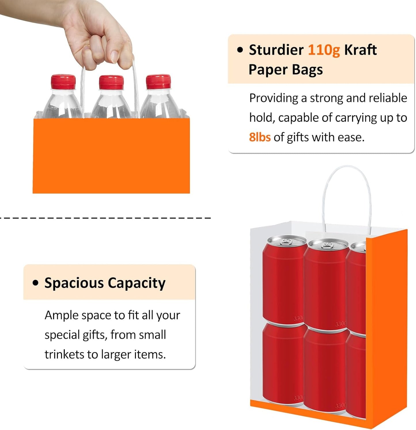 BagDream 8x4.25x10.5 Inch 100Pcs Orange Gift Bags Medium Size, Kraft Paper Bags with Handles Bulk for Halloween, Sporting Party Favors, Fall Festivals, Wedding, Retail, Grocery