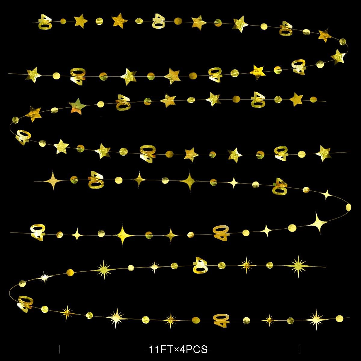 Gold 40th Birthday Decorations Number 40 Circle Dot Twinkle Star Garland Metallic Hanging Streamer Bunting Banner Backdrop for Women Mens 40 Year Old Birthday Forty Anniversary Party Supplies
