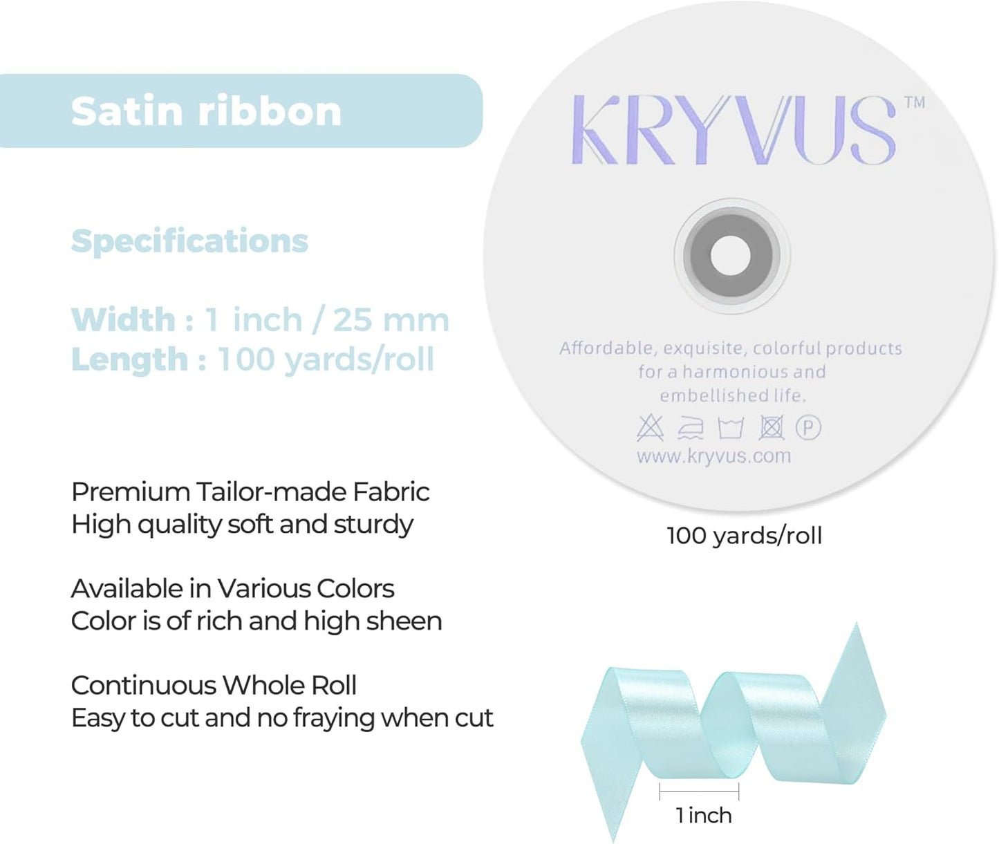 Light Blue Satin Ribbon 1 inch X Continuous 100 Yards, Single Face Polyester Ribbon Perfect for Gift Wrapping, Flower Bouquet, Wedding Decor, Crafts, Bow Making, Sewing and More