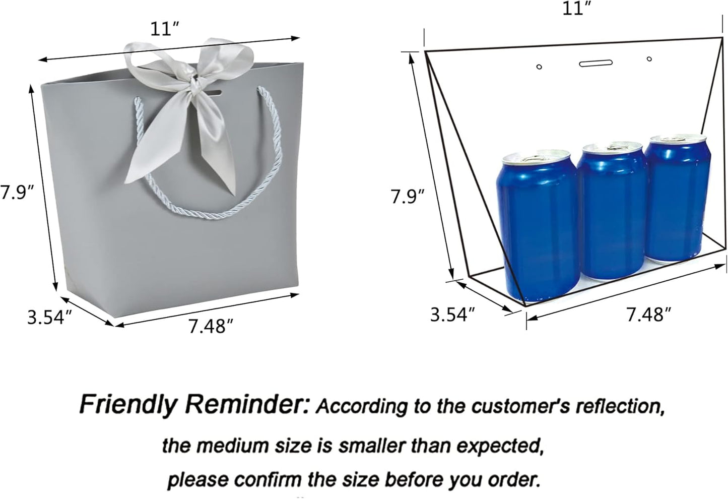 HUAPRINT Gift Bags with Handles,7.48×3.54×7.9 inches,Party Favor Bags with Bow Ribbon,12Pcs Grey Paper Bags for Birthday Wedding Bridesmaid Present Celebration Holiday