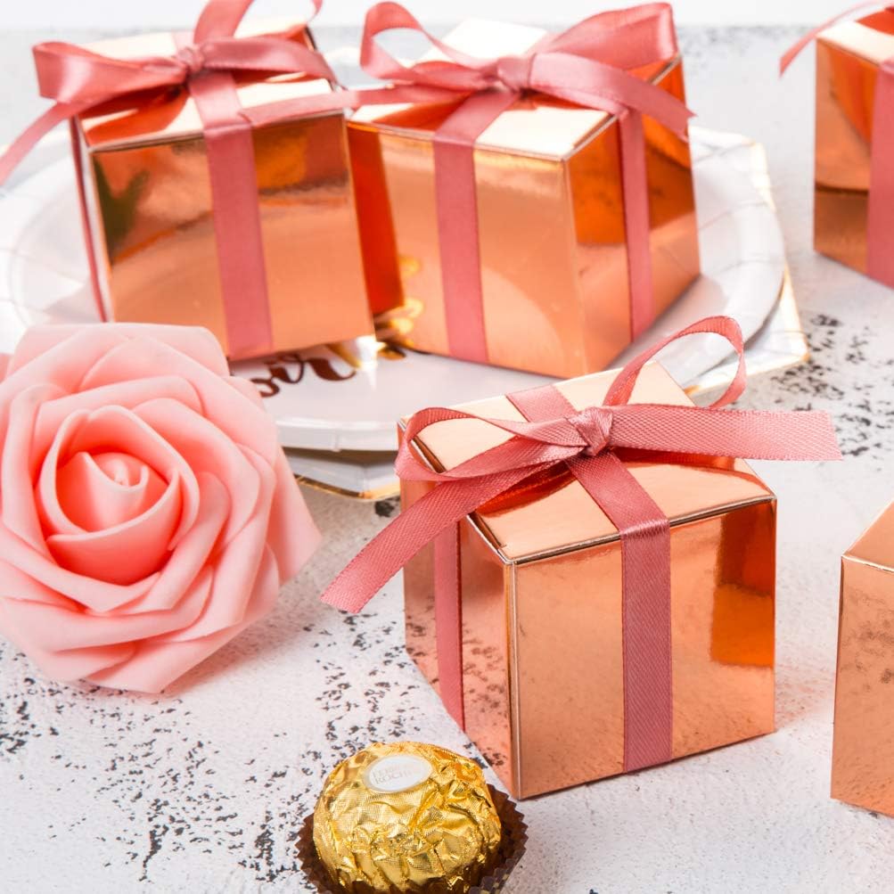 AWELL Rose Gold Gift Candy Box Bulk 2x2x2 inches with Vintage Pink Ribbon Party Favor Box,Pack of 50