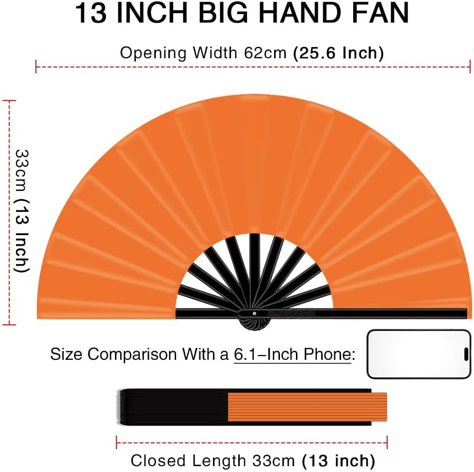 13" Large Folding Rave Fan with Holster, Clack Hand Fans Foldable for Line Dancing, Boots On The Ground Fan for Women Men Festival EDM Party Decoration, Orange