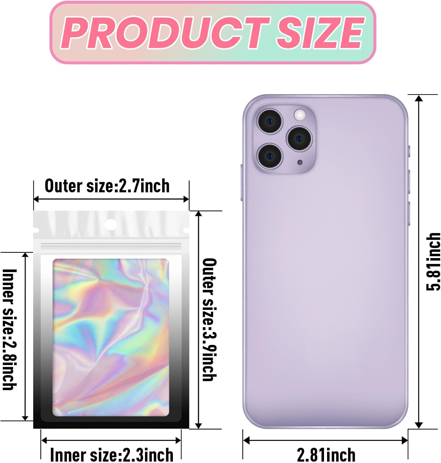 Funfery 100 Pack Gradient Holographic Bags,Mylar Resealable Bags with Zipper,Clear Window Packaging Pouch,Smell Proof Bag for Food Storage,Sample Jewelry Baggies(2.7×3.9in,White Black)