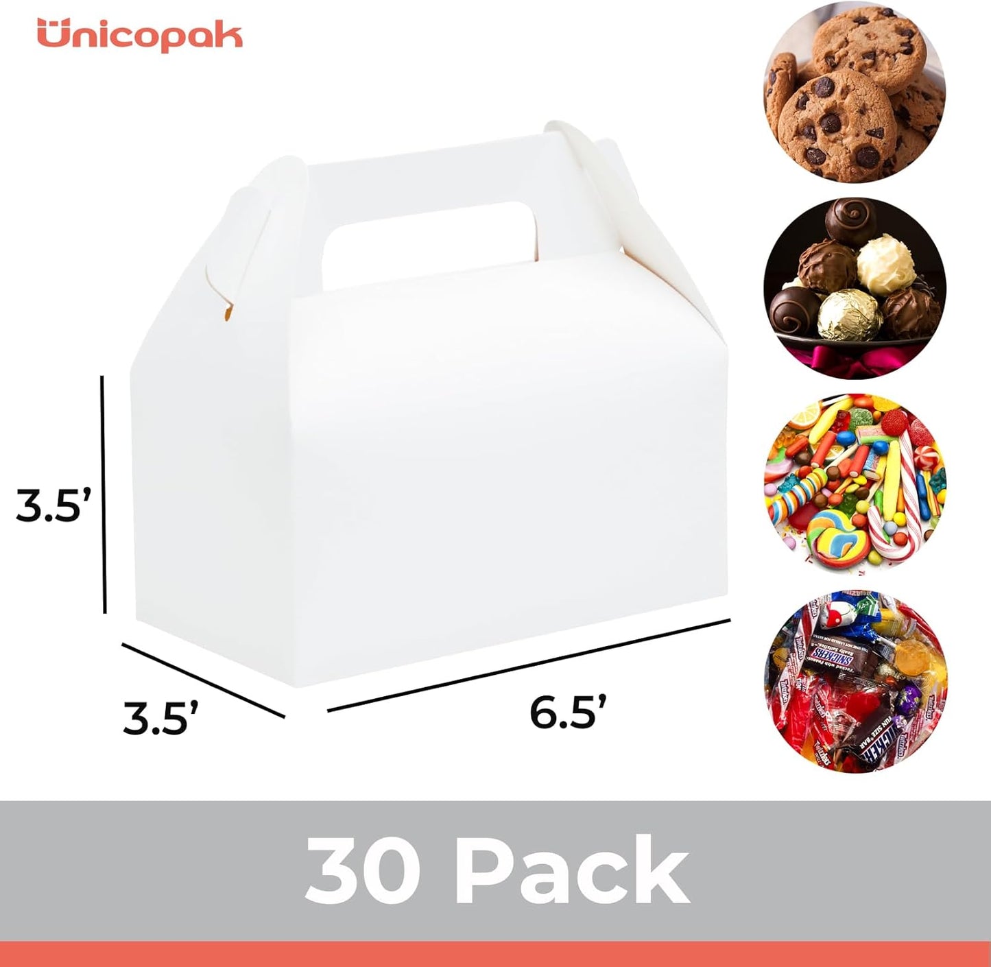 UnicoPak 30 Pack White Gable Treat Boxes Party Favor Boxes for Goodie Snacks Cookie Candy Toys Birthday Party Wedding Shower Holidays 6.5x3.5x4 Inches