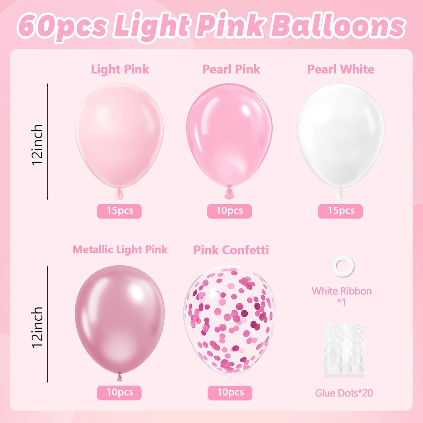 Light Pink and White Balloons, 60pcs 12inch Pearl Light Baby Pink Confetti White Balloons for Wedding Bridal Shower Baby Shower Pink Birthday Decorations
