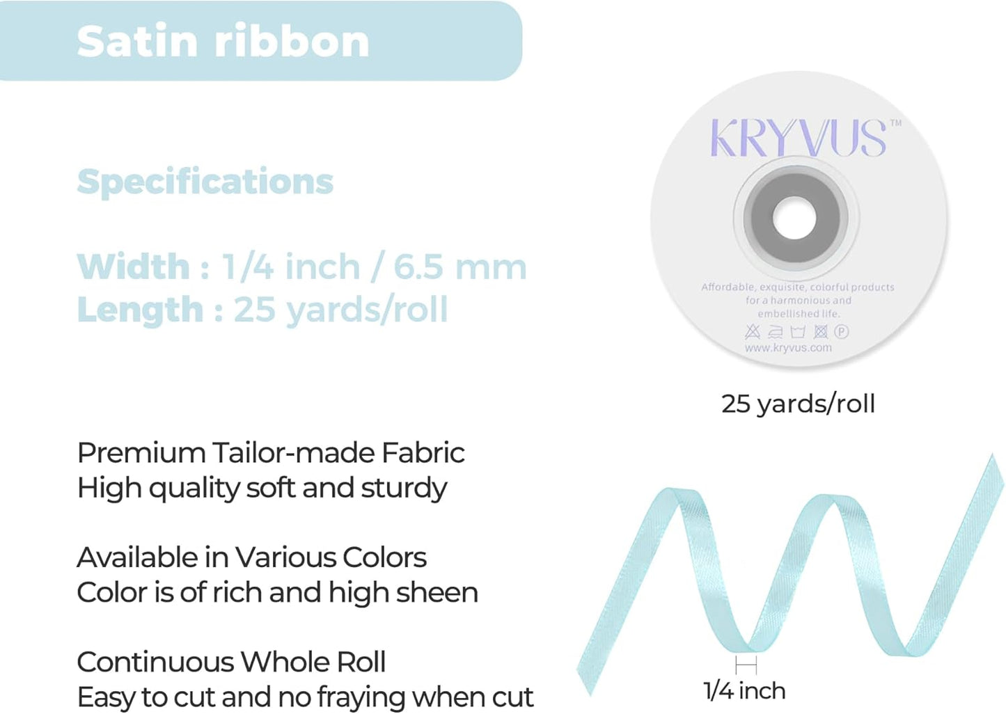Light Blue Satin Ribbon 1/4 inch X Continuous 25 Yards, Single Face Polyester Ribbon Perfect for Gift Wrapping, Flower Bouquet, Wedding Decor, Crafts, Bow Making, Sewing and More