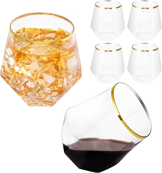 LUODA Gold Diamond Shaped Plastic Stemless Wine Glasses Set of 24, Disposable 12 Oz Gold Plastic Whiskey Glasses for Birthday, Housewarming and Weddings