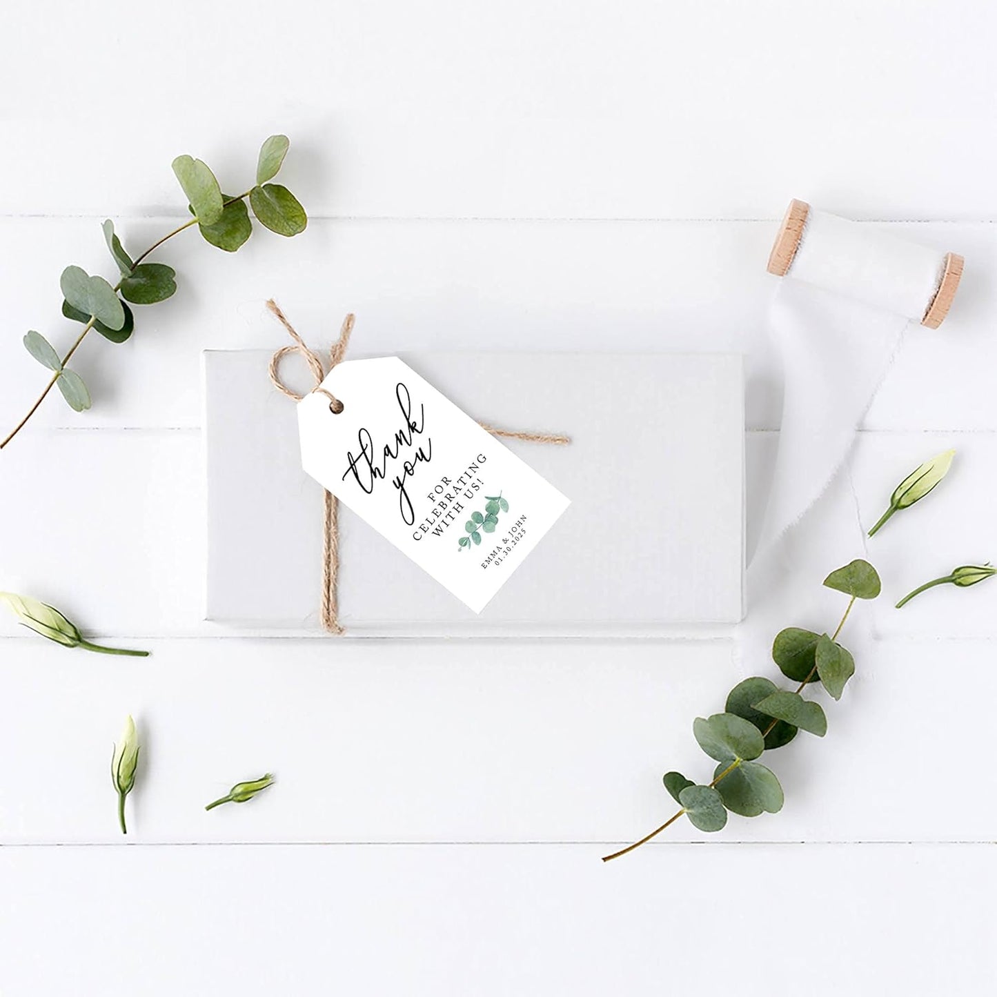Andaz Press 100-Pack Personalized Thank You for Celebrating with Us Wedding Favor Tags with Bakers Twine Minimal Eucalyptus Leaf Custom Cardstock Wedding Gift Tags for Party Favors 2 x 3.75-Inches