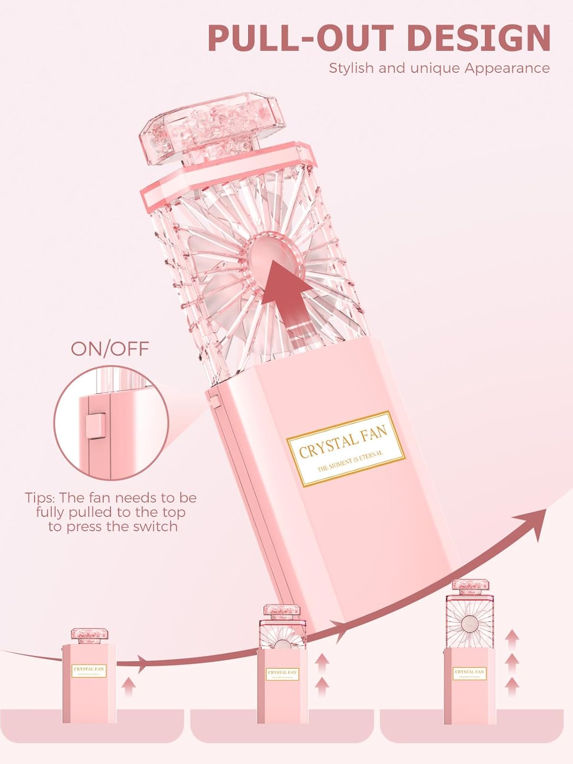 Lady Handheld Fans, Rechargeable Small Personal Fan with 3 Speeds Setting, Powerful Quiet Pull-out Portable Fan, Cooling Electric Fan for Girls Woman Office School Working Home - Pink