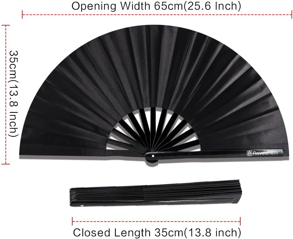 13" Large Rave Fan Bamboo, Folding Clack Hand Fans Foldable for Men Women, Boots on the Ground Poping Fan for EDM Festival Line Dance Decoration, (Black2, Large 13")