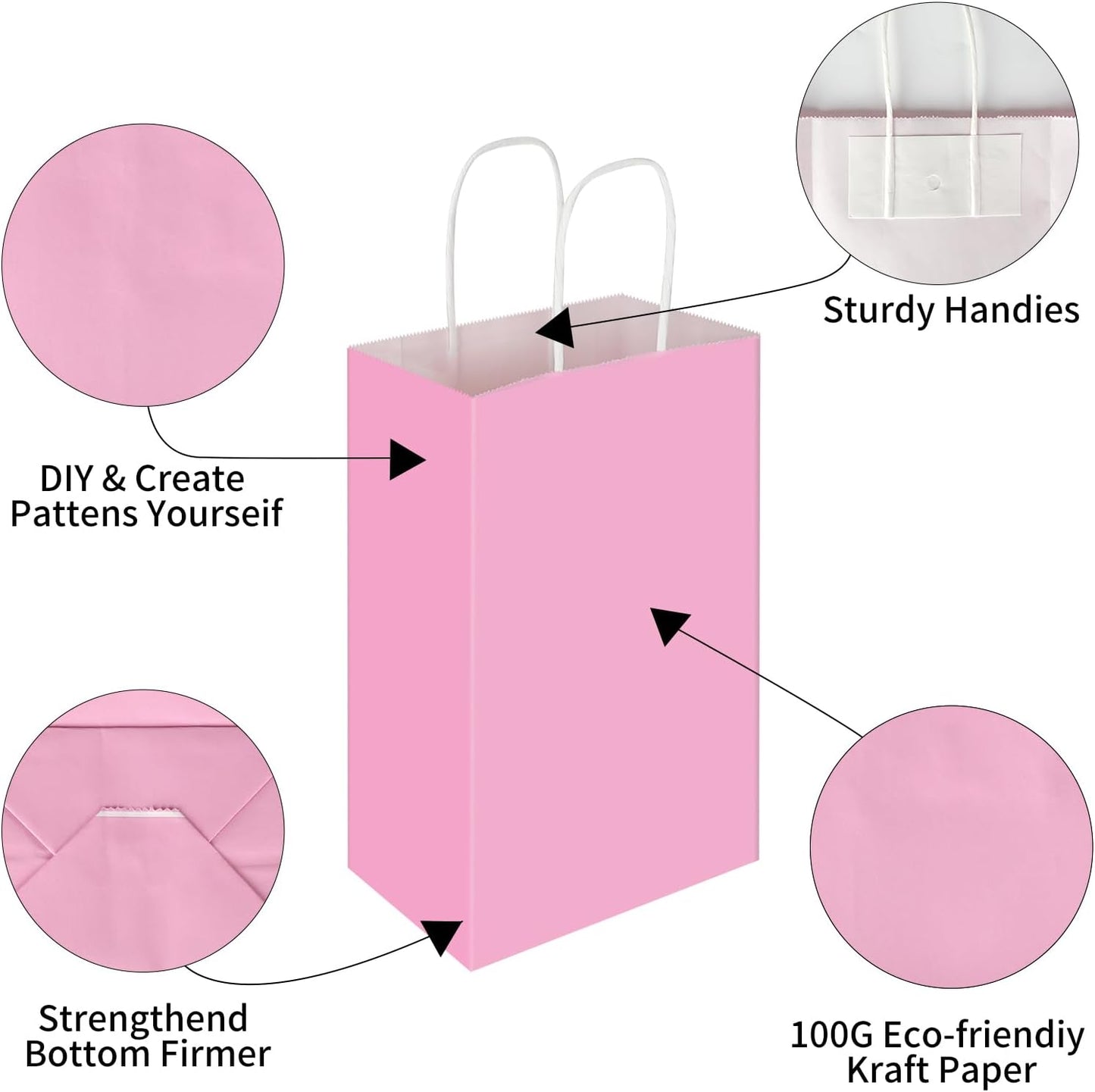 Toovip 50 Pack 5.25x3.25x8.25 Inch Small Light Pink Kraft Paper Bags with Handles Bulk, Gift Wrap Bags for Favors Grocery Retail Party Birthday Shopping Business Goody Craft Merchandise Take Out Sacks