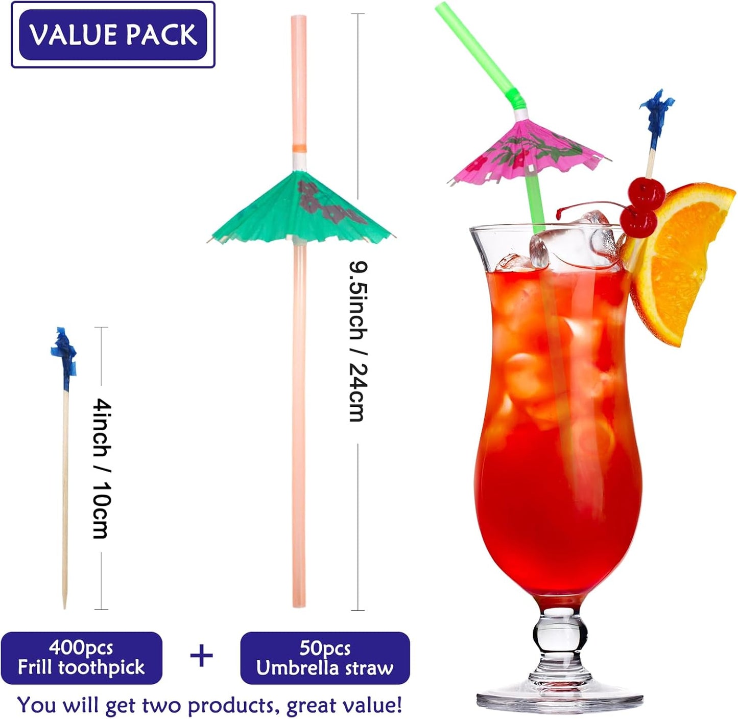 BLUE TOP Cocktail Picks&Umbrella Drink Straws Set-400pcs 4Inch Frill Picks+50pcs 9.5 Inch Drink Straw Umbrella,Cocktail Toothpicks & Straws for Fruit,Appetizers,Club Sandwiches,Drinks.