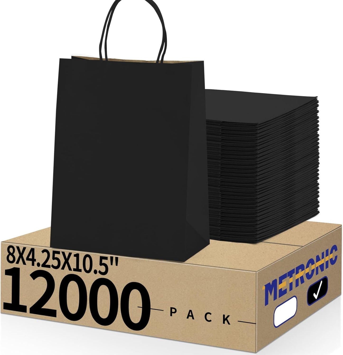 METRONIC Kraft Paper Gift Bags with Handles 8x4.75x10.5 Inch 12000 Pack | Christmas, Birthday Party Favors, Retail Shopping, Small Business Bulk | Black Gift Wrap Bag