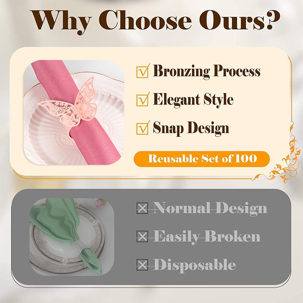 100 Pcs Napkin Rings Laser Cut Butterfly Shape Foil Paper Napkin Holder for Weddings Party Serviette Table Decoration Restaurant (Pink)