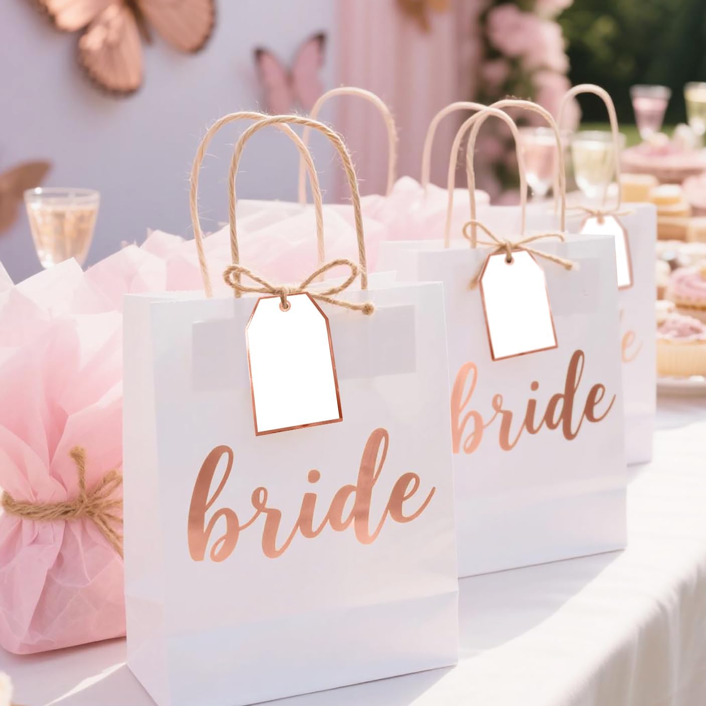 100Pcs Blank Gift Tags with String Attached Foil Rose Gold Frame Large White Paper Gift Tags Presents with 65 Ft Jute Twine for Birthday Wedding Baby Shower Graduation Gift Wrap Tag