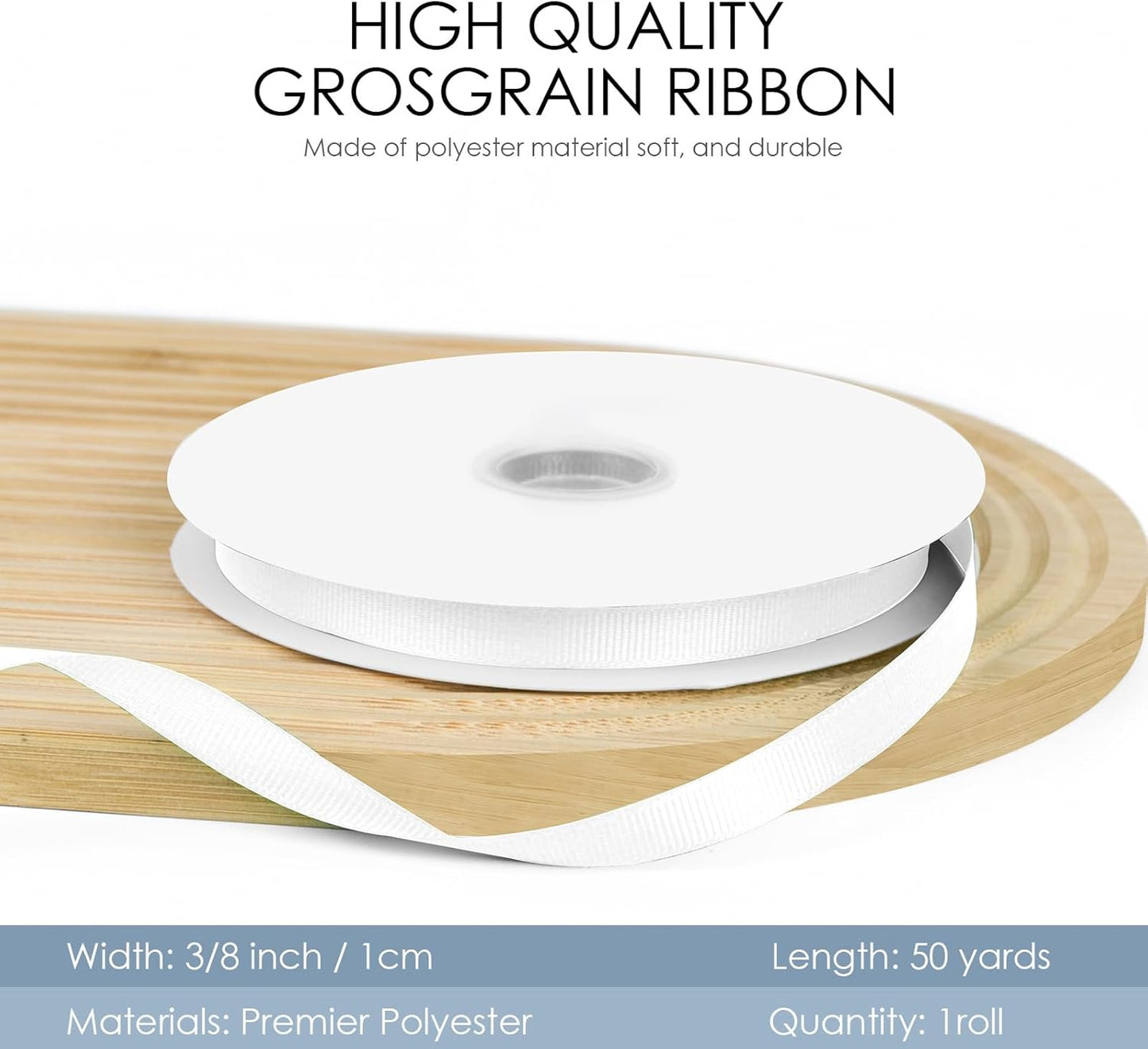 50 Yards 3/8 inch Grosgrain Ribbon, Solid Color Fabric Ribbon Perfect for Gift Wrapping, Wedding, Handmade Bows, Floral Bouquets and Party Decoration(White)