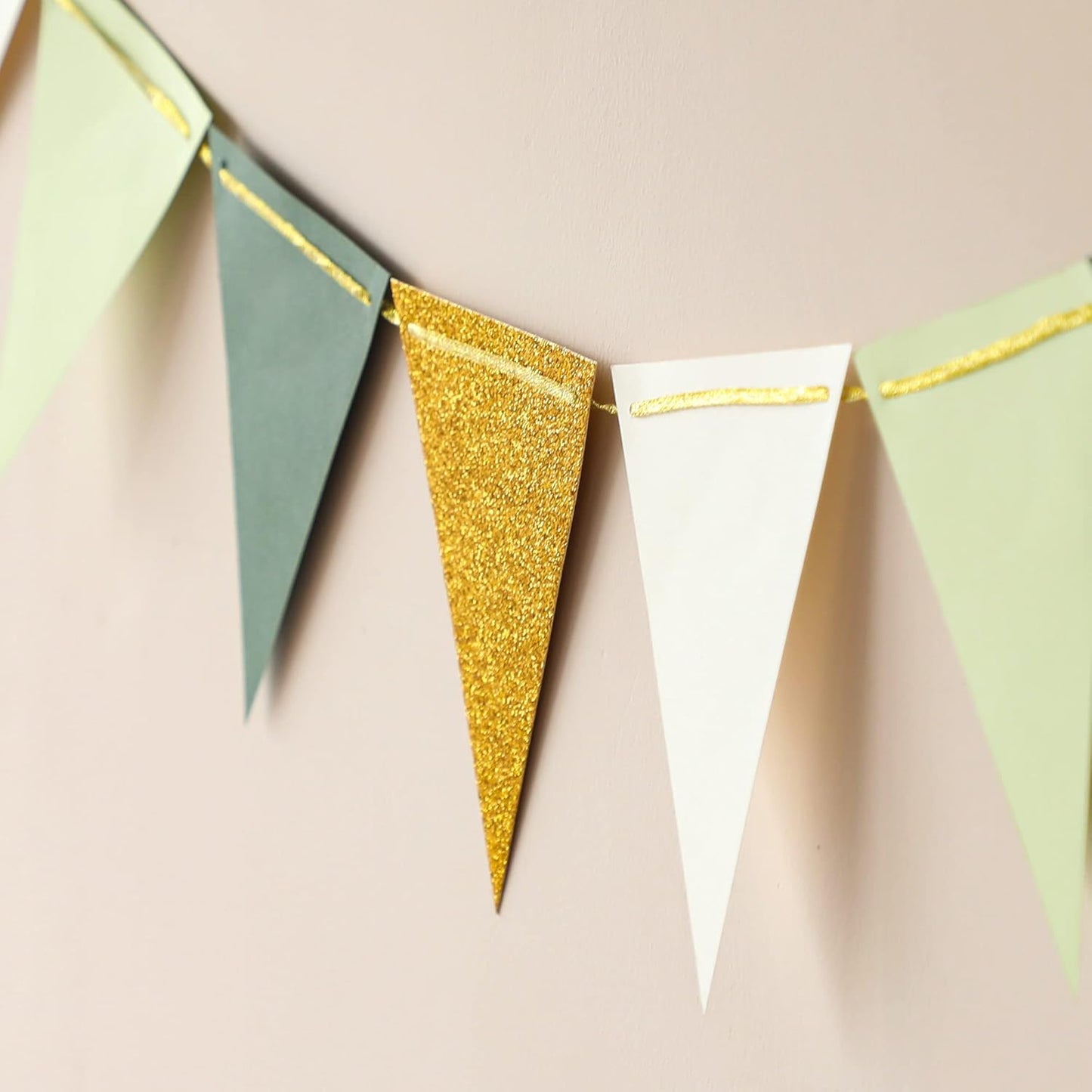 Fonder Mols Paper Pennant Party Decorations Large Gold Green(10 Feet), Triangle Flags Bunting, Paper Triangle Garland for Greenery Baby Shower Wedding Nursery Classroom Birthday Party