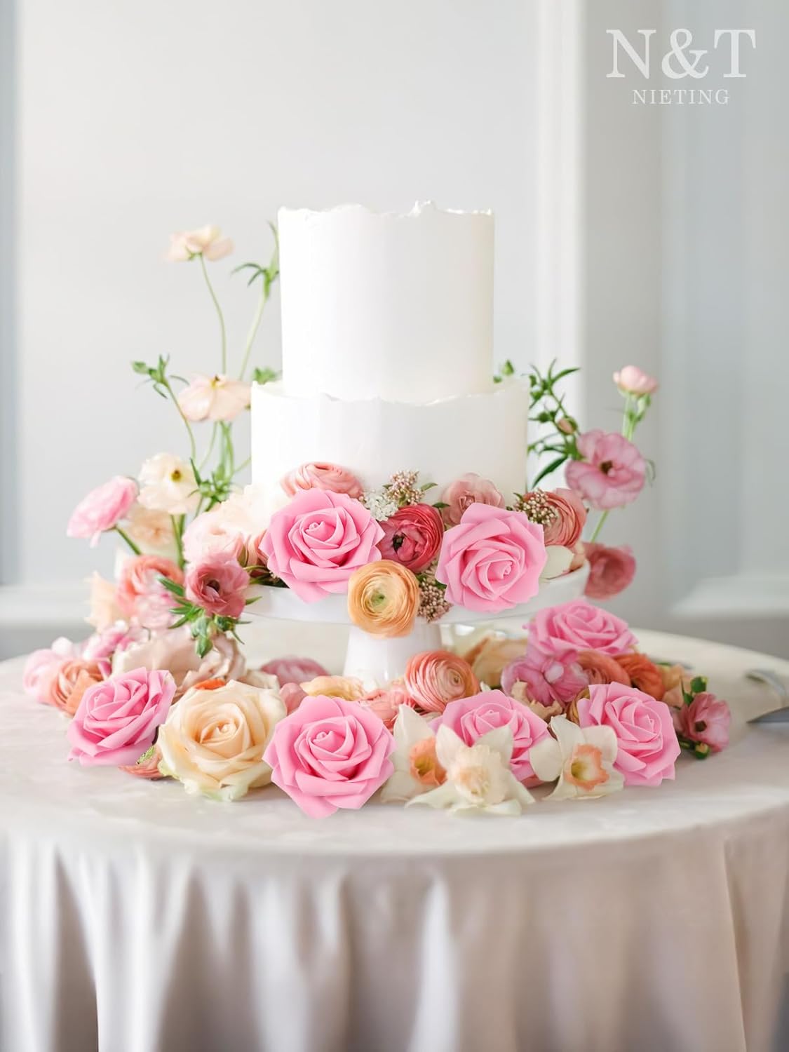 N&T NIETING Artificial Flowers Pink Roses, 25Pcs Fake Flowers Foam Roses with Stems for DIY Wedding Bridesmaid Bridal Bouquets Centerpieces Party Home Decoration Baby Shower