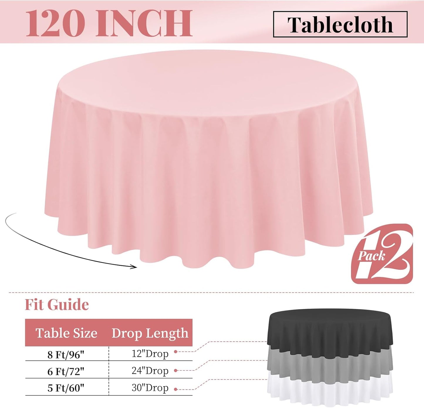 Fani 12 Pack 120 Inch Round Pink Polyester Tablecloths for Round Tables, Washable Table Cover for Wedding Party, Dining Table, Buffet, Banquet, Restaurant, Camping