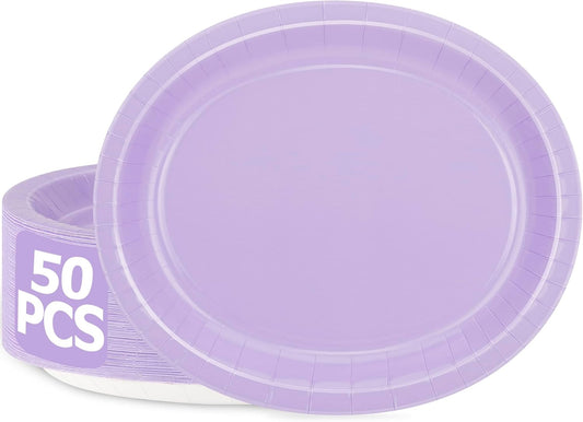 QZYL 50 Count Oval Paper Plates, 12.2'' X 10.2'' Large Lavender Disposable Plates for Daily Dinner, Wedding, Birthday, Party, Picnic, Baby Shower, Barbecue