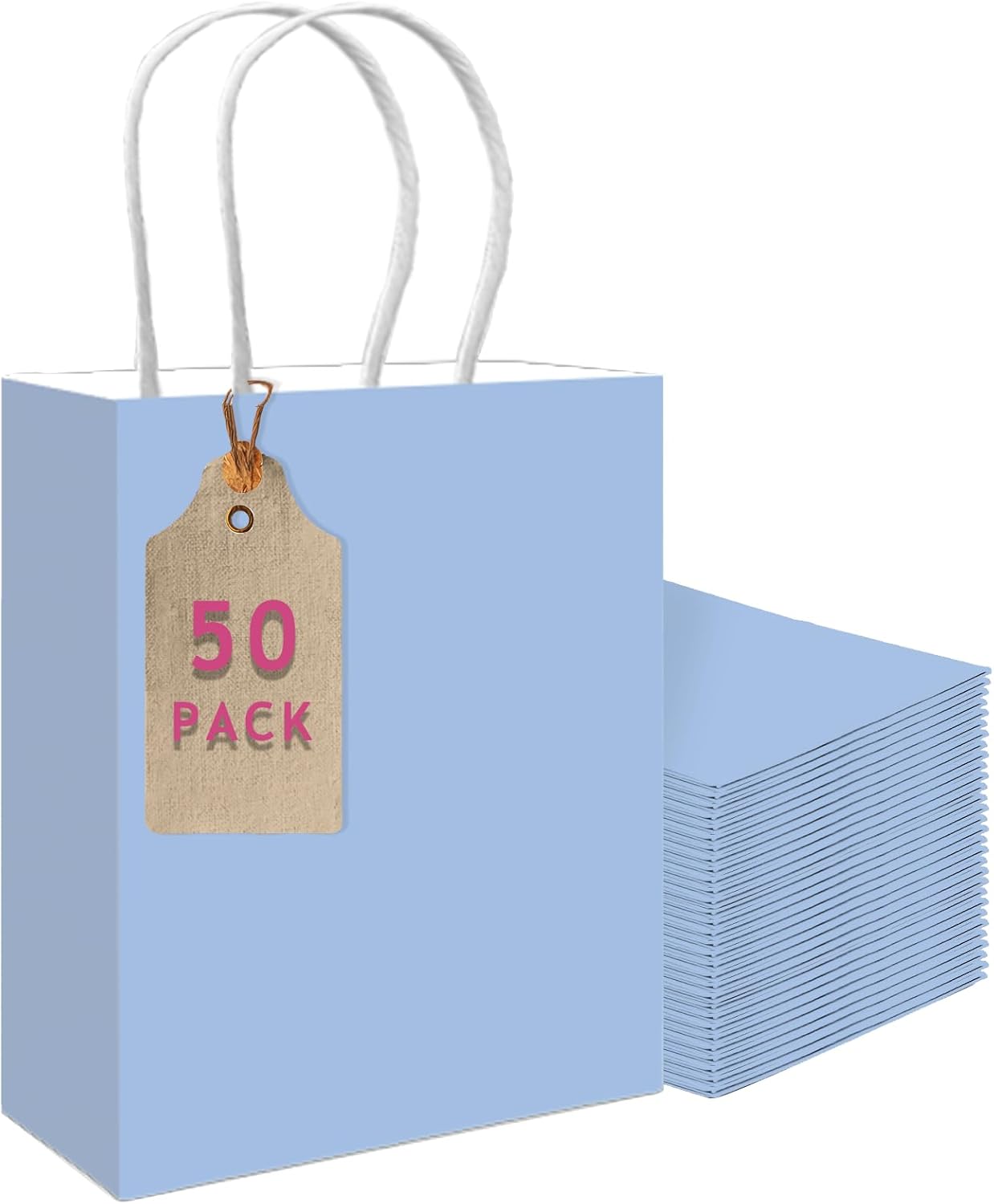 qiqee 50-Packs Light Blue Paper Gift Bags with Handles Bulk 11"x8.3"x4.3" Medium Size Paper Bags Multiple Uses