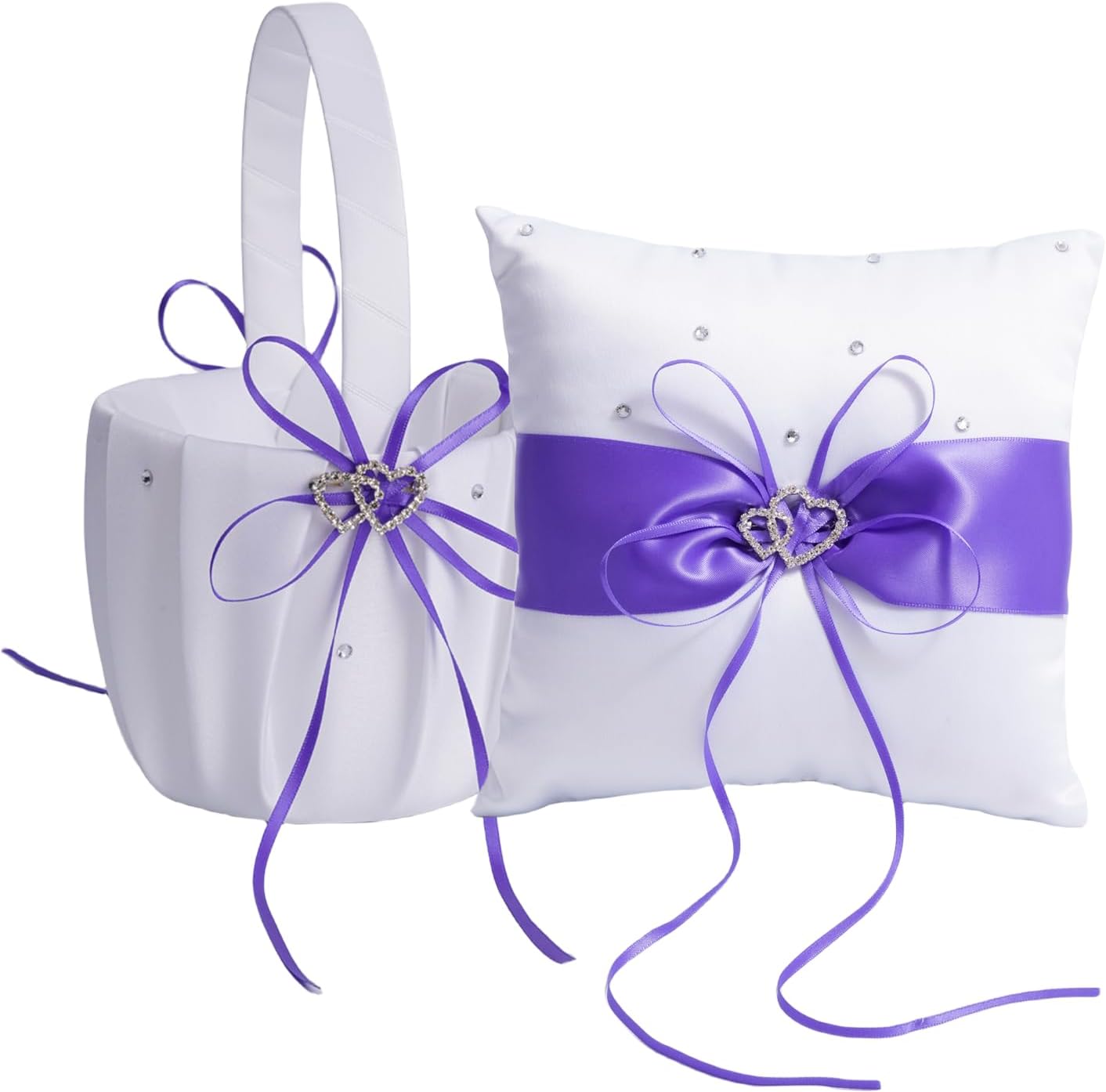 QIRMIZI Wedding Ring Pillow and Flower Girl Basket Set – Adorned with Pearl Rhinestones, White Satin,Purple