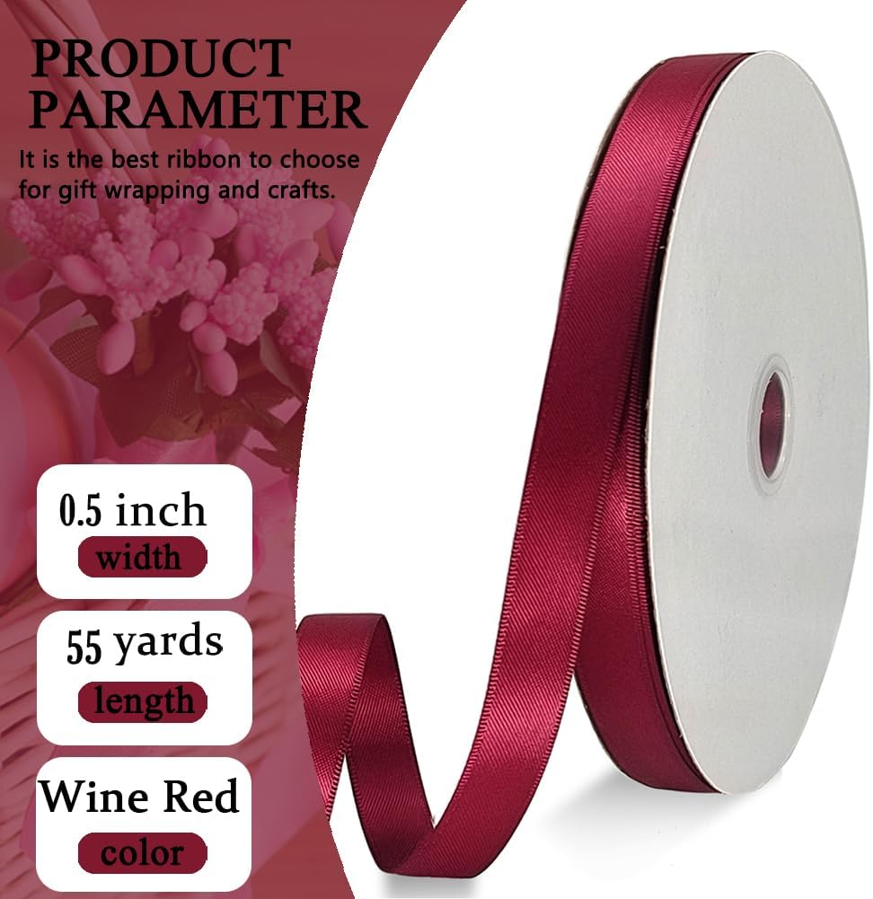 Wine Red Satin Ribbon Double Faced Satin 1/2 inch x 55 Yards Polyester Ribbon for Gift Wrapping Crafts Wedding Decoration Bows Ornaments Party Bouquet Floral Arrangement