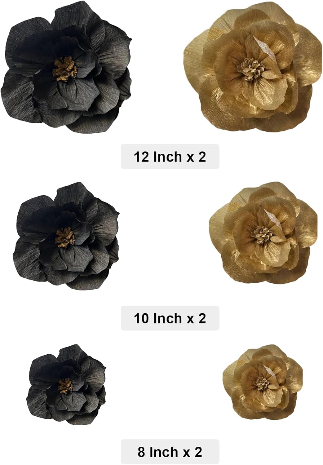BRT Bearingshui Crepe Paper Flowers Decoration for Wall Total 6 Pcs, Artificial Flowers for Wedding Decor,Flower Backdrop Decor, Baby Bridal Shower Birthday Party, Black Gold 3D Wall Flowers Decor