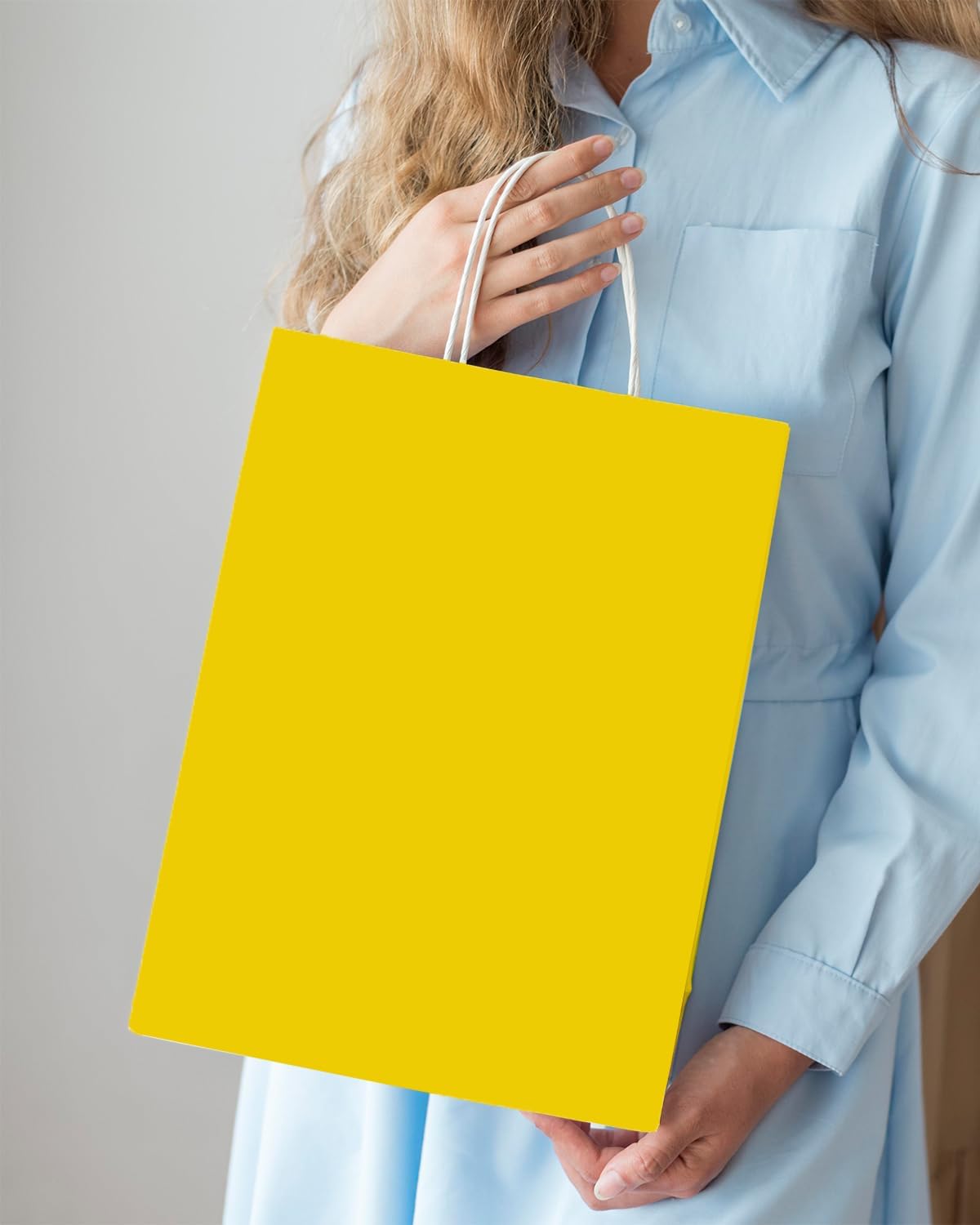 qiqee 100PCS Gift Bag with Handles Bulk Bright Yellow Paper Bags Multiple Uses (13''x5 x10 inch Large Size)