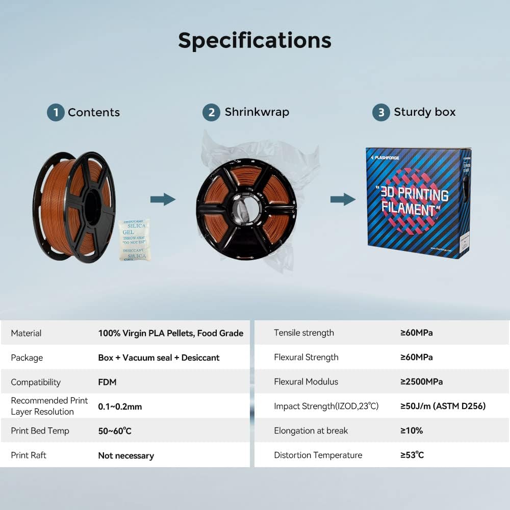 FLASHFORGE 3D Printer Filament, PLA PRO Filament 1.75mm, 1KG Spool (2.2lbs), Dimensional Accuracy +/- 0.02mm for FDM 3D Printers, Better Tenacity & No Knotting (Brown)