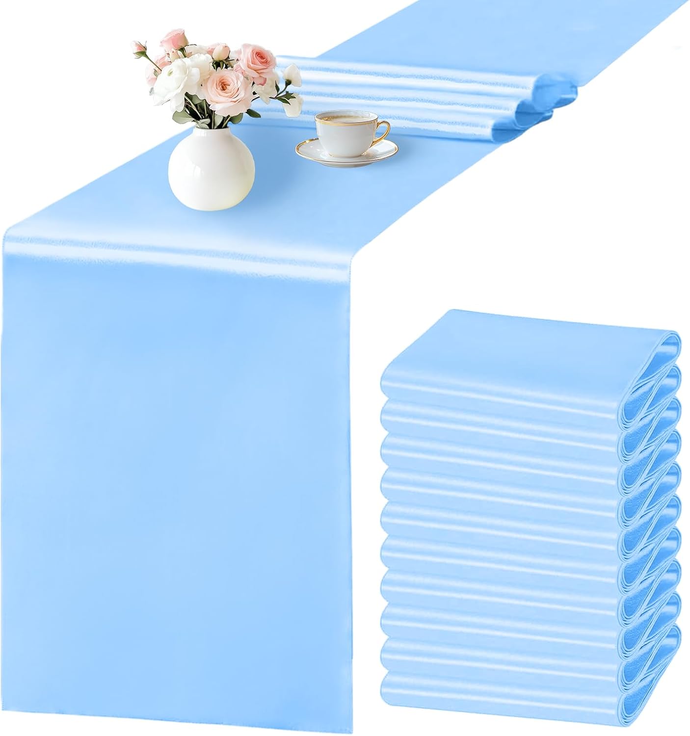 SHEJIZE 10 Pack Light Blue Satin Table Runner 12x108 Inches Long, Bright Silky Smooth Satin Table Runner Table Decor for Wedding Banquet Christmas Prom Event Birthday Party