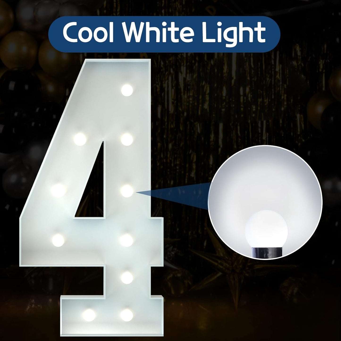 Marquee Numbers 4 Feet Tall Big Light Up Numbers 4 Year Old 14th 40th Birthday Decorations Girl Boy Women Men White Anniversary Party Decor Large Cardboard Prop Backdrop Sign 4