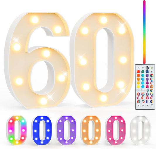 Pooqla 60th Birthday Decorations for Men Women, 35 Colors LED Light Up Numbers with Remote, Multicolor Marquee Numbers 60 Sign for Party Wedding Anniversary Decor 60th Birthday Gift, Number 60