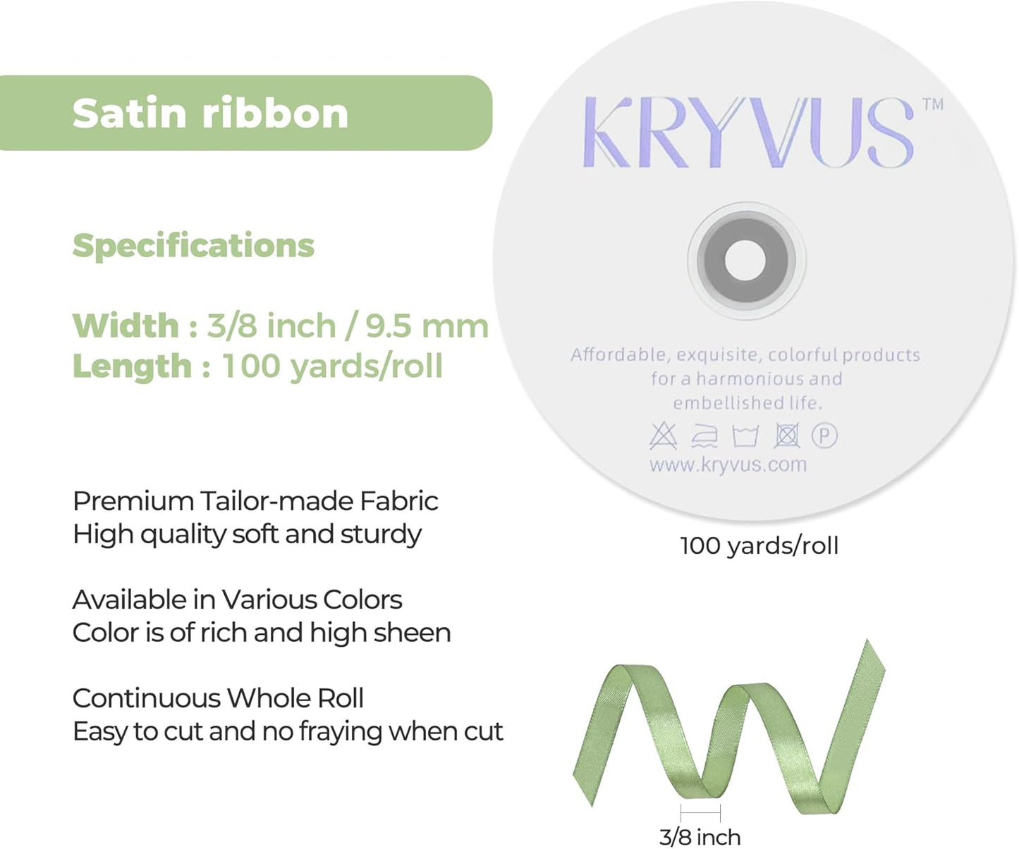 Sage Green Satin Ribbon 3/8 inch X Continuous 100 Yards, Single Face Polyester Ribbon Perfect for Gift Wrapping, Flower Bouquet, Wedding Decor, Crafts, Bow Making, Sewing and More