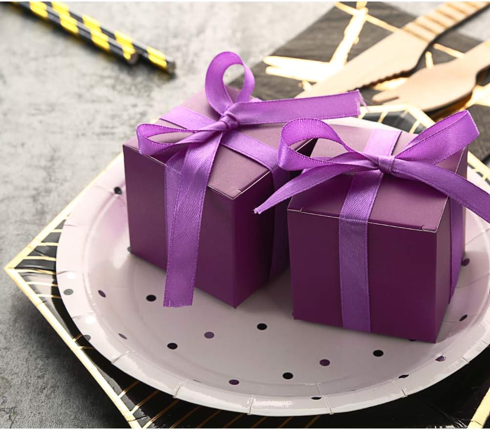 AWELL Purple Gift Candy Box Bulk 2x2x2 inches with Purple Ribbon Party Favor Box,Pack of 50