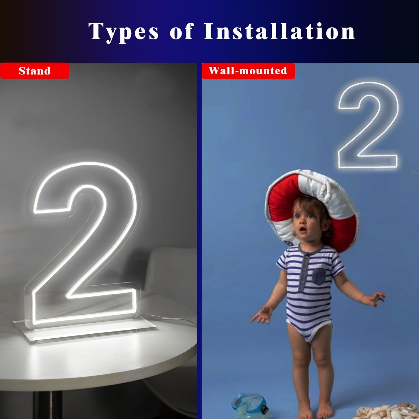 Number 2 Neon Sign for Bedroom, 16.54" Cool White USB Battery Powered Birthday Neon Sign for Party Wedding Anniversary Decor Light Sign (Number 2)