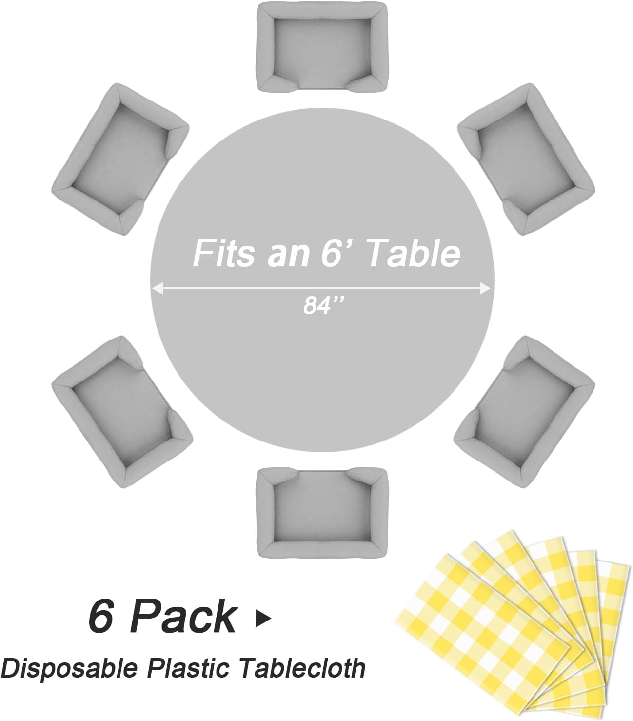 QIKSION Yellow Gingham Round Tablecloth 6 Pack, 84 Inch Plastic Checkered Table Cover Disposable for Parties